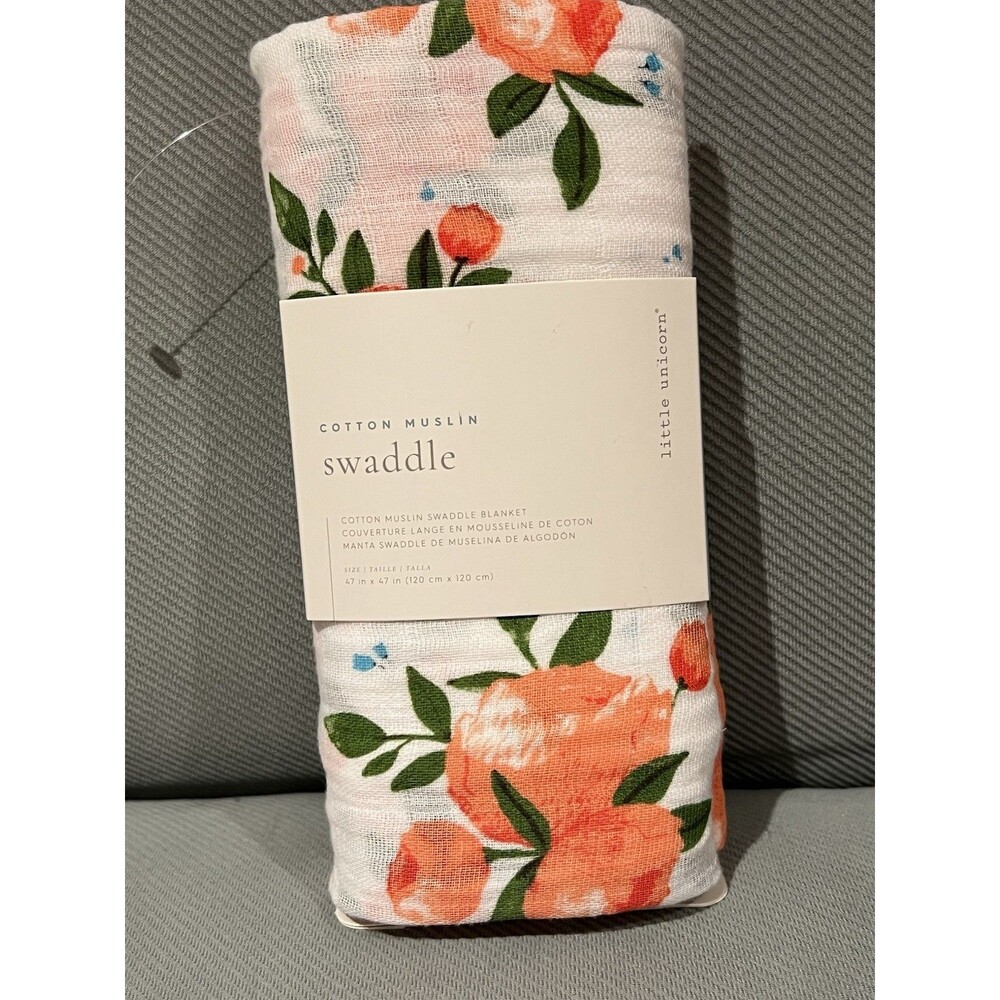 Little Unicorn PEACH FLORAL Muslin Baby Swaddle Blanket Cotton New